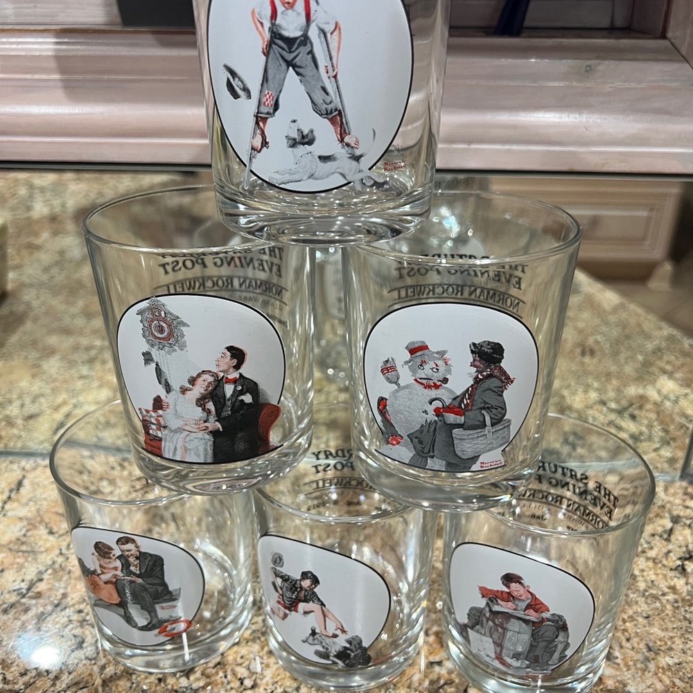 Charming Norman Rockwell Illustrated Glass The Saturday Evening Post Tumbler Set